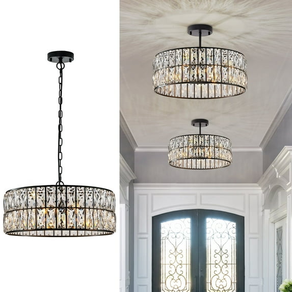 Black Crystal Chandelier 6-Lights Crystal Pendant Light Large 18 Inches Drum Semi Flush Mount Ceiling Lights for Dining Room Living Room Kitchen Closet