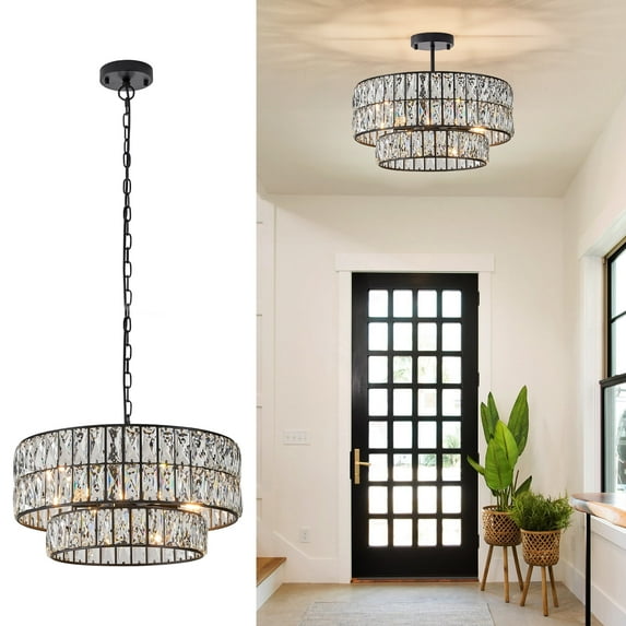 Black Crystal Chandelier 6-Lights Luxury Crystal Pendant Chandelier 20'' Drum Semi Flush Mount Ceiling Lights for Dining Room Foyer Living Room Bedroom Kitchen