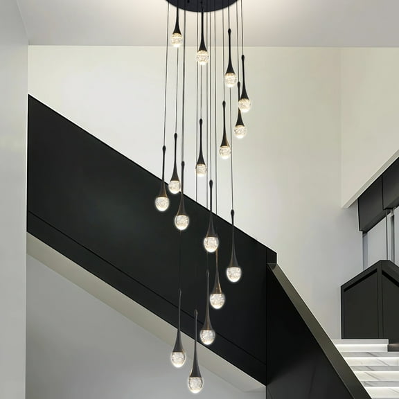 Black Crystal Chandelier with Remote Control - Adjustable 16-Light Dimmable LED for High Ceilings & Staircases
