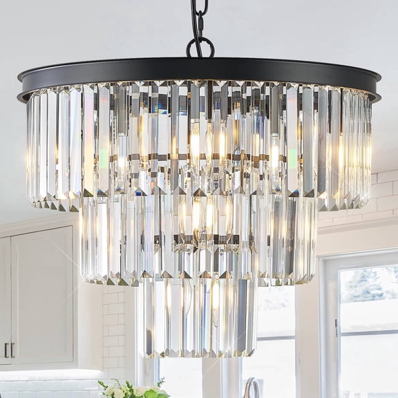Black Crystal Chandeliers, 20" Modern Chandeliers for Dining Room 3 Tiers 7 Lights Luxury K9 Crystal Ceiling Pendant Round Light Fixture for Foyer Kitchen Bedroom Closet