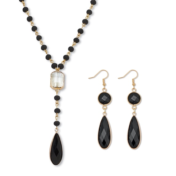 Black Crystal Goldtone Drop Necklace and Crystal Earrings, 2-Piece Set