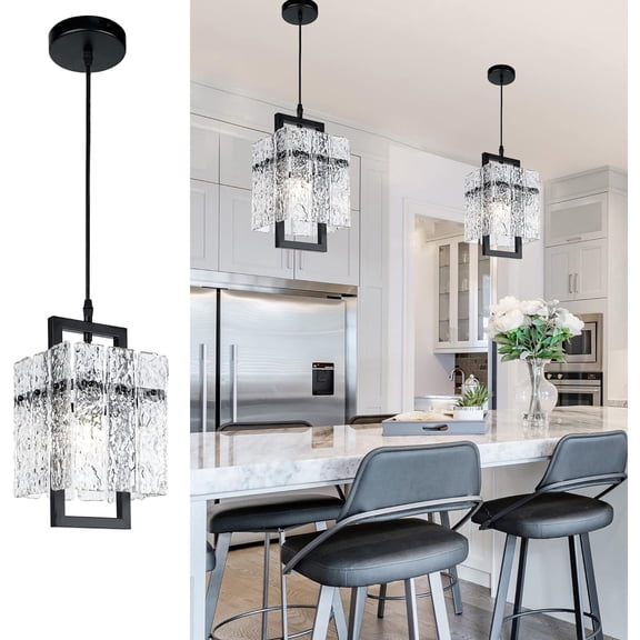 Black Crystal Pendant Light for Kitchen Island, Luxury Water Ripple Glass Chandelier Lights Fixture, Modern Elegant Adjustable Pendant Lighting for Dining Room Bedroom, E12 Bulb, L6.5'' x H11.8''