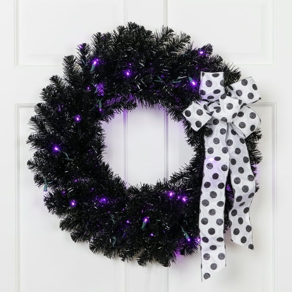 Northlight Black Crystal Pine Artificial Halloween Wreath - 24" - LED Purple