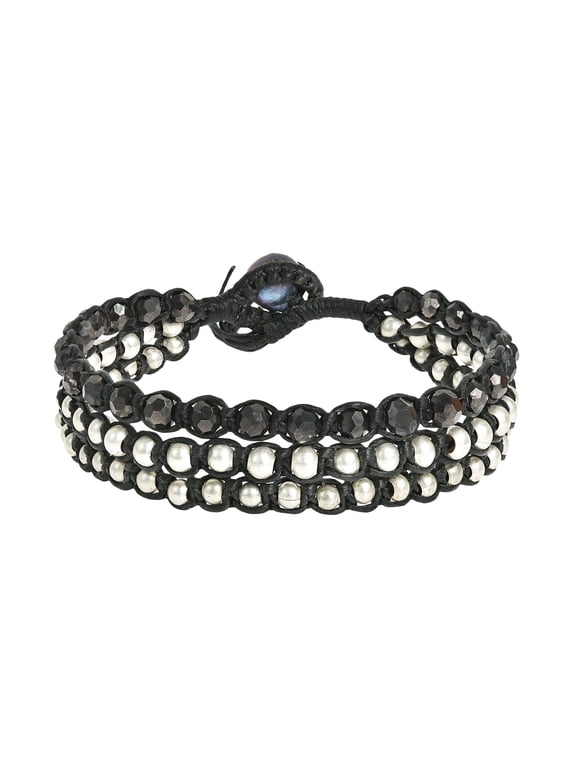 Black Crystal-Silver Beads Chic Medley Three Strand Bracelet