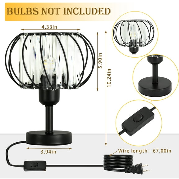 Black Crystal Table Lamp Tilted Metal Bar Metal Base Nightstand Lamp, Set of 2