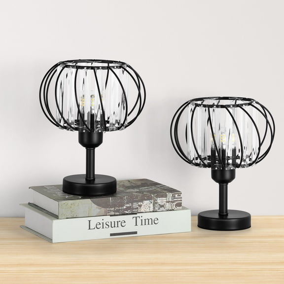 Black Crystal Table Lamp with Tilted Wire Cage Set of 2, Modern Industrial Bedside Lamp for Bedroom, Living Room (E26 Socket, Bulb Not Included)