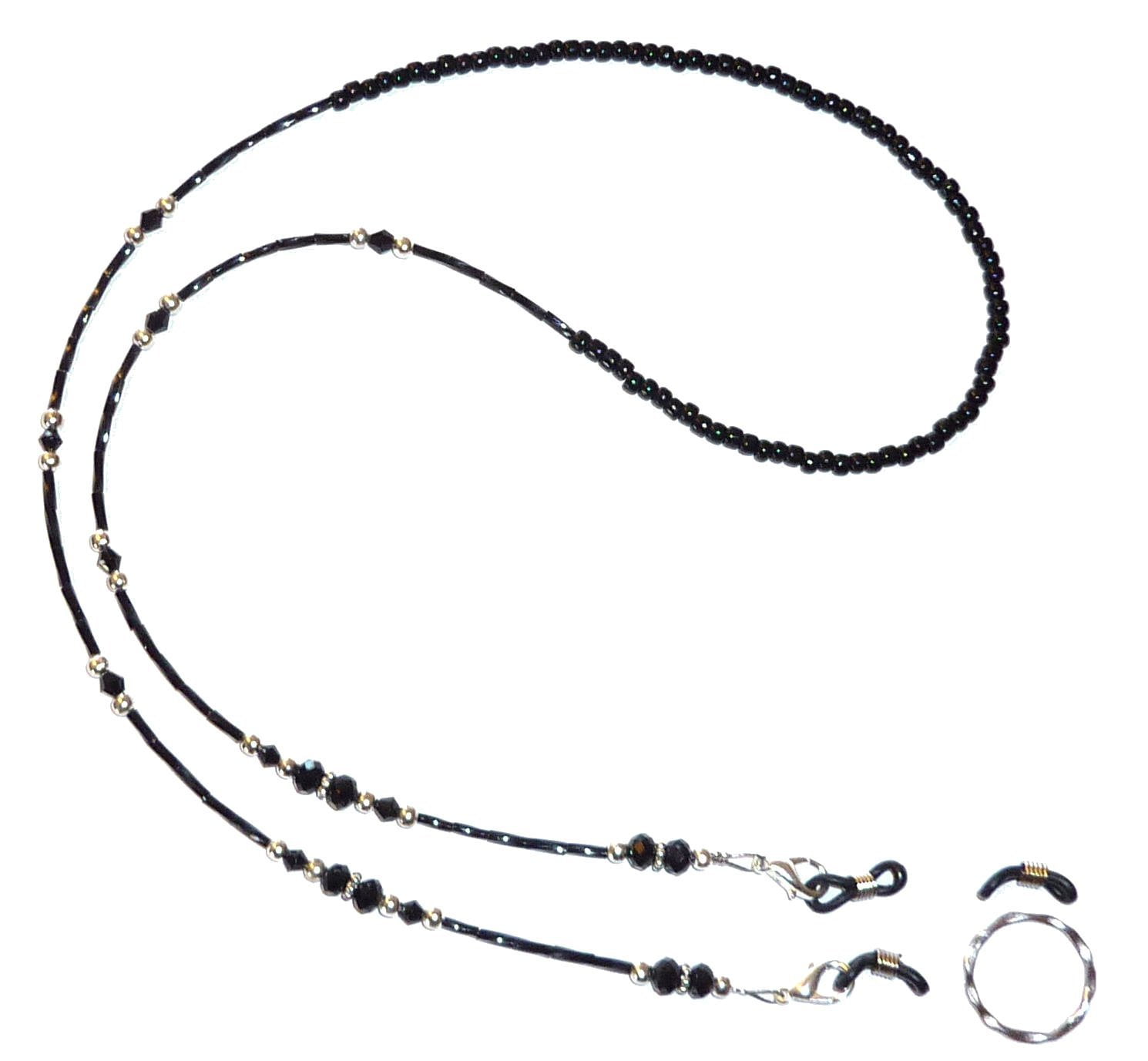 Black Crystal Women's Beaded Eyeglass Holder 28" on 19 Strand Wire