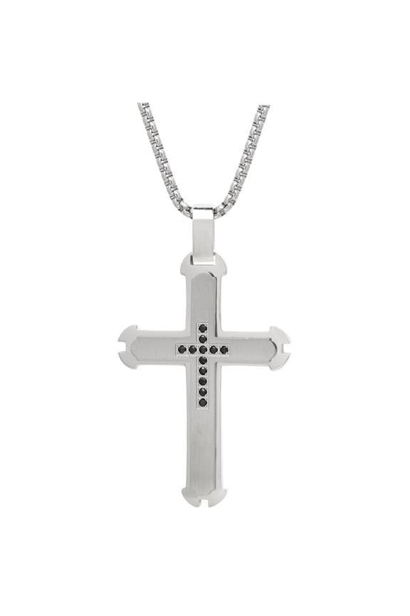 Black Cubic Zirconia Black Ion Plated Stainless Steel Modern Timeless Cross Pendant - 24 Inch Round Box Chain