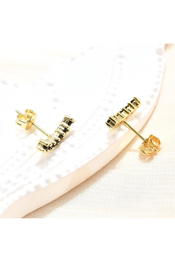 Black Cubic Zirconia Curved Bar Stud Earrings Brass Jewelry for Women Cadmium Free & Nickel Free & Lead Free Real 18K golden Plated 4x13.5mm Pin: 0.7mm
