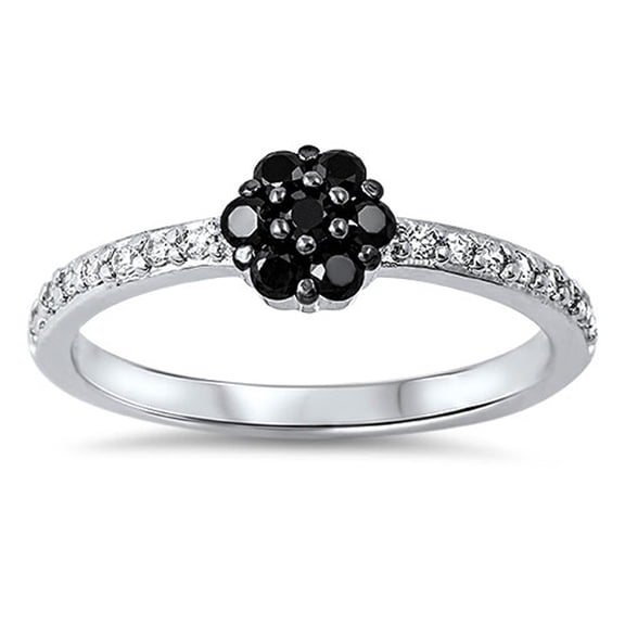 Black Cubic Zirconia Flower Cluster Ring .925 Sterling Silver Band Jewelry Female Male Unisex Size 4