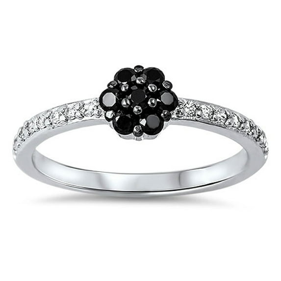 Black Cubic Zirconia Flower Cluster Ring .925 Sterling Silver Band Jewelry Female Male Unisex Size 5