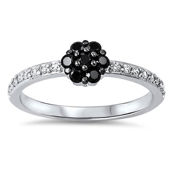 Black Cubic Zirconia Flower Cluster Ring .925 Sterling Silver Band Jewelry Female Male Unisex Size 7