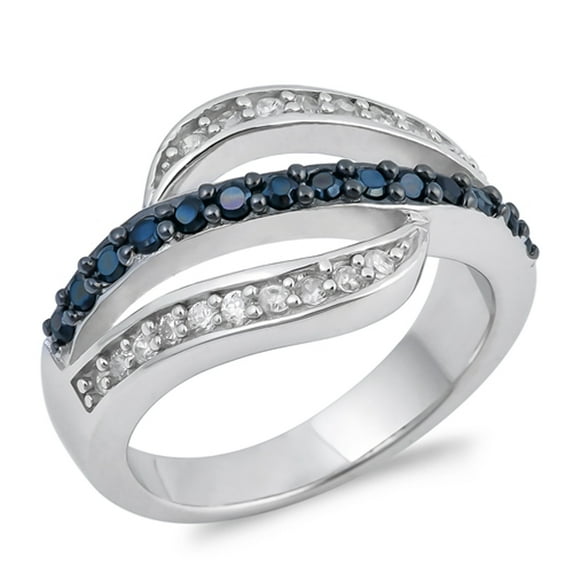 Black Cubic Zirconia Micro Pave Wave Ring .925 Sterling Silver Band Jewelry Female Male Size 8