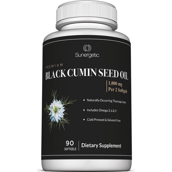 Sunergetic Black Cumin Seed Oil Softgels, Cold Pressed Nigella Sativa with Thymoquinone, 1000 mg, 90 Count