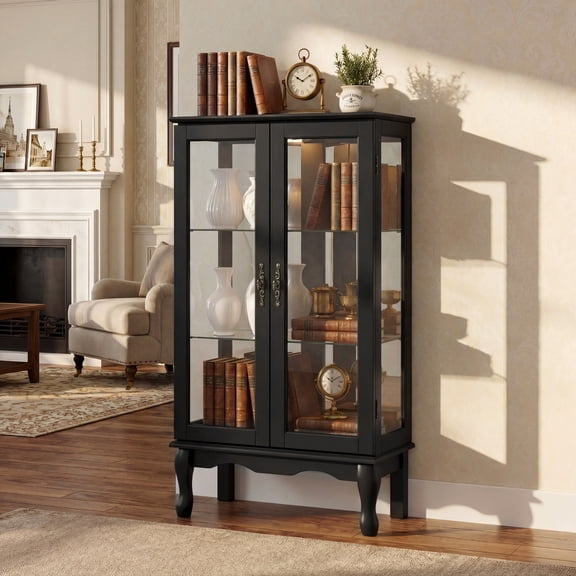 Black Curio Display Cabinet with Mirrored Back, Tempered Glass Doors, and Adjustable Shelves