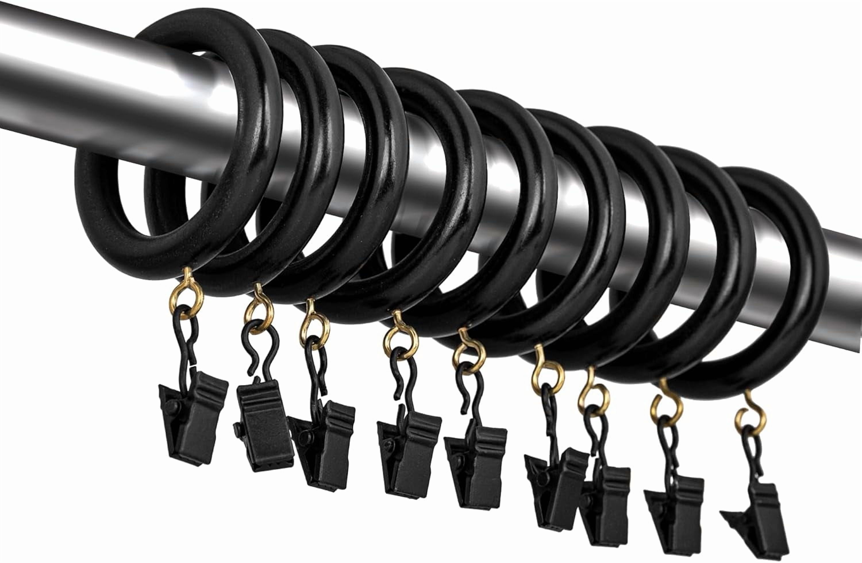 Black Curtain Clip Rings with Hooks – Polished Shower & Drapery Rings – 3 Inch Outer, 2.2 Inch Inner Diameter – Set of 12