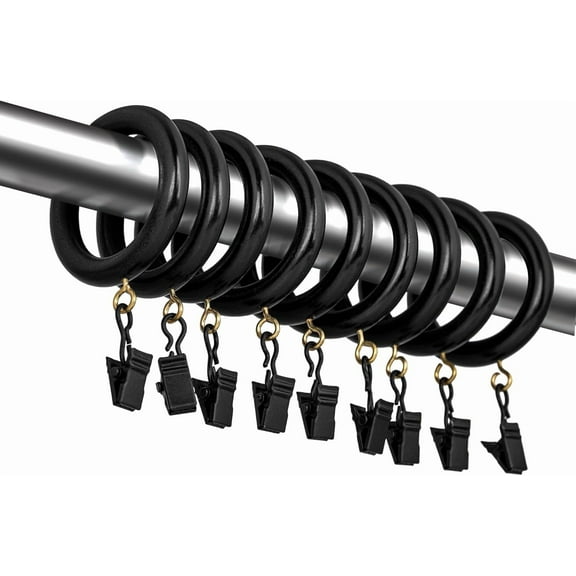 Black Curtain Clip Rings with Hooks – Polished Shower & Drapery Rings – 3 Inch Outer, 2.2 Inch Inner Diameter – Set of 12