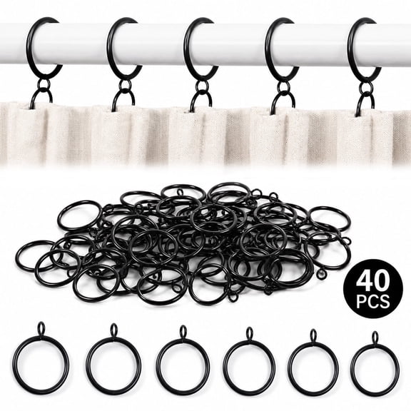 Black Curtain Rings with Eyelets - Metal Drapery Rings for Curtain Rods Up to 1.5 Inches Diameter 40 Pcs