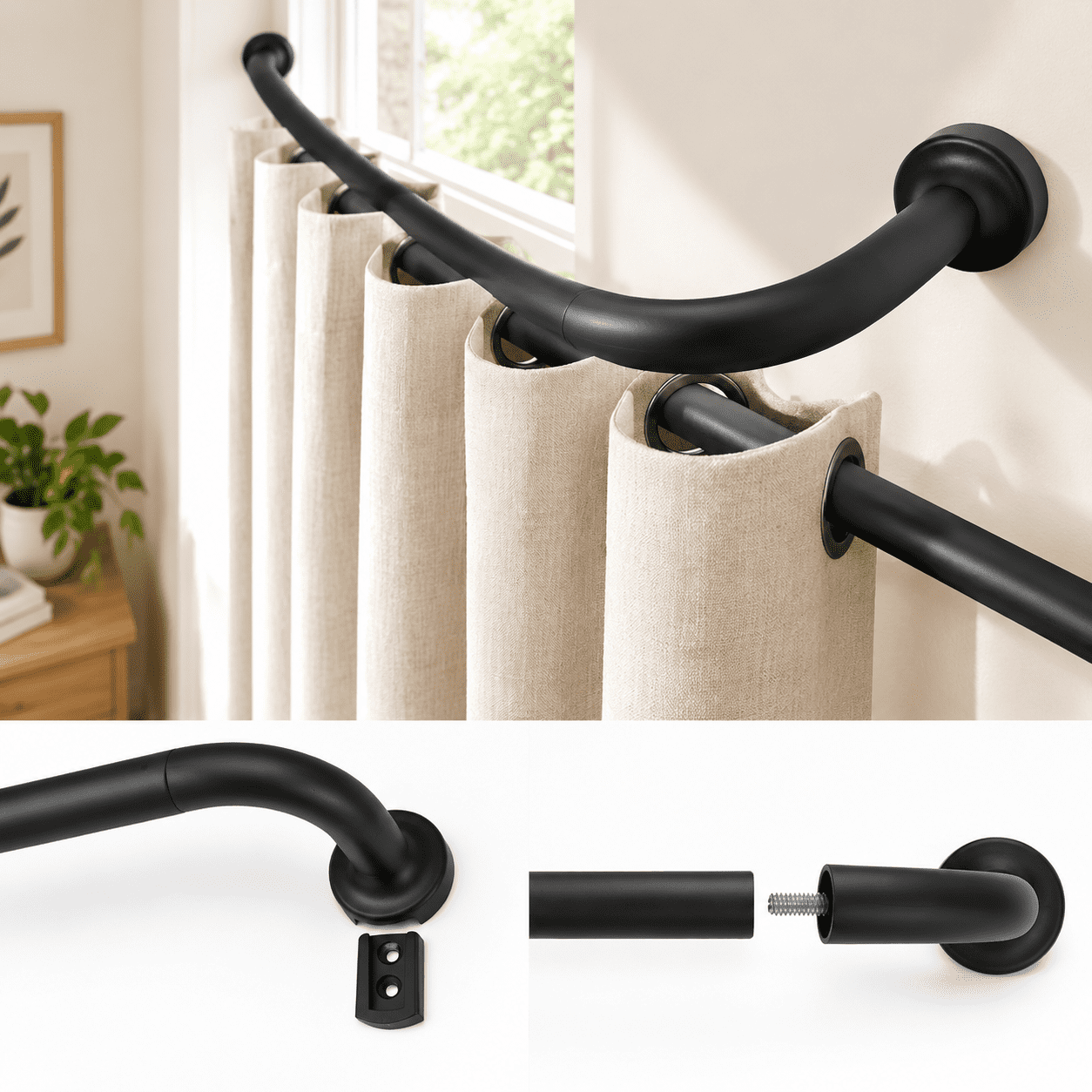Drapery Rod Splice Black Curtain Rod For Windows 28 To 56 Inch Internal Splicing 1 ...