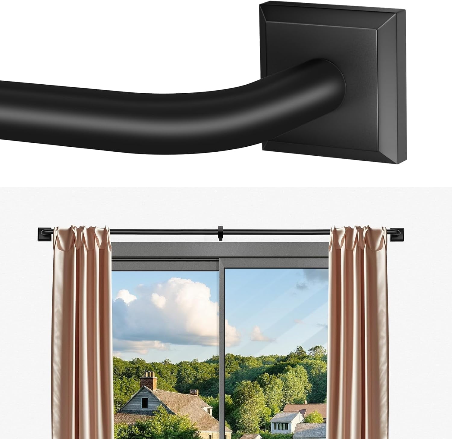 Black Curtain Rods for Windows 48-90Inch Heavy Duty French Return Rod, Wrap Around Blackout Curtain Rods, Adjustable Room Darkening Drapery Rod for Bedroom, Living Room, Sliding Door & Outdoor Patio