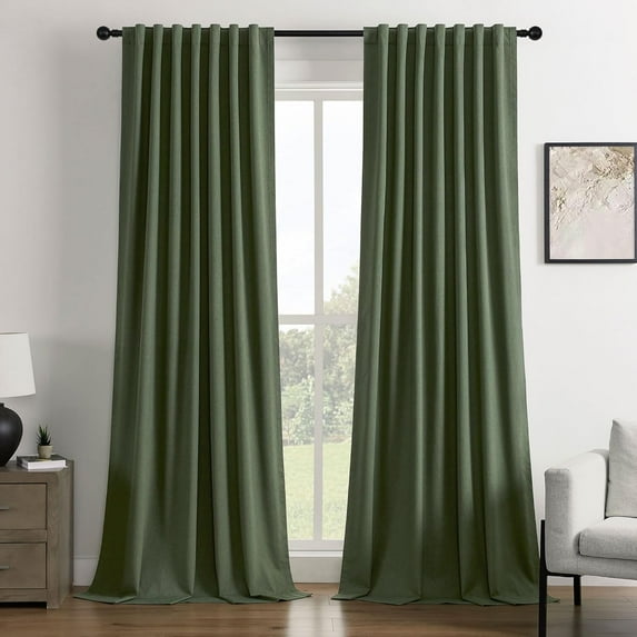 Black Out Curtains 102 Inch Long Blackout Curtain Olive Green Thermal Insulated Drapes Natural Room Darkening Drape 2 Panel Sets Linen Blend Flax Back Tab 50" W