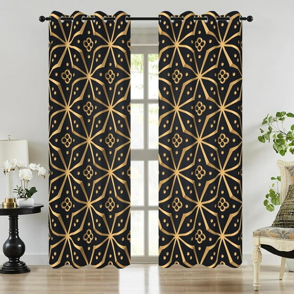 Black Out Curtains, Black and Gold Soundproof Thermal Insulated Blackout Curtains for Bedroom and Living Room Windows, Geometric Patterned Grommet Fall Darkening Drapes 53"W x 63"L (Pack of 2)