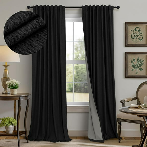 Black Curtains for Bedroom 90" Long, Sound Proof Modern Light Blocking Floor to Ceiling Linen Back Tab Drapes, 2 Panels