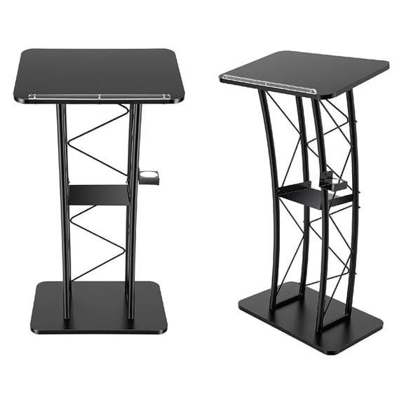 Black Curved Podium, 23.8 x 15.9 x 47 Inch Podium Stand Portable Church Pulpit Metal Black Lectern for Speeches with Baffle & Cup Holder for Schools, Conference Rooms