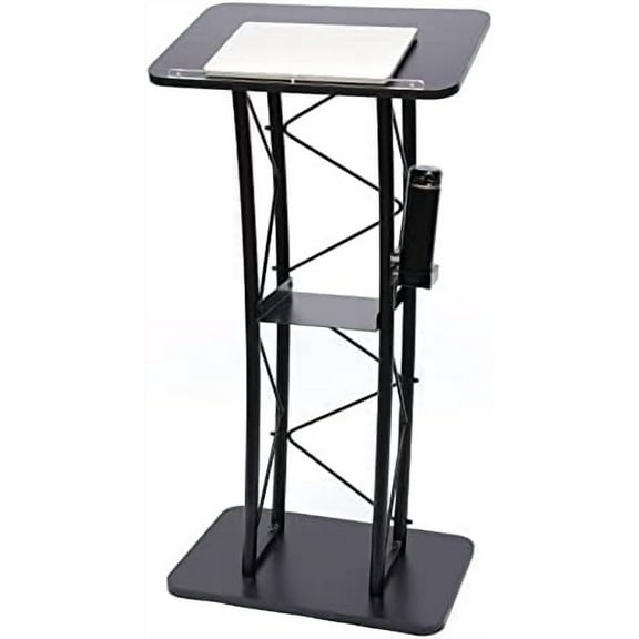 Black Curved Podium, Metal Pulpit Lectern with Baffle & Cup Holder, Truss Lectern Slanted Conference Pulpit for Speeches Opening Ceremony, W 23.6 x L 16in, H: 47in$$Office