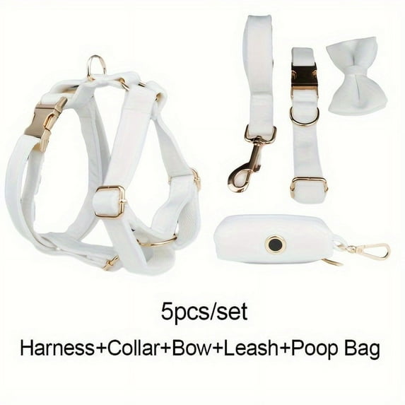 5pcs/set NEWKBO Personalized Soft Velvet Dog Collar and Leash Set with Gentle Design Bow Harness Poop Bag Holder - Engraved Custom Name and Phone Number Walking Supplies for Pets Outdoo