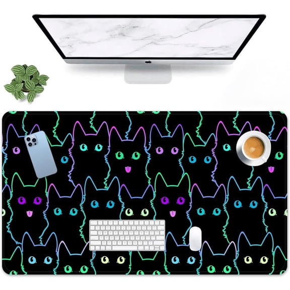 Black Cute Cat Mouse Pad Large Gaming Mouse Pad Neon Funny Gothic Non-Slip Desk Pad Keyboard and Mouse Desk Mat for Gamer, Office & Home, 31.5 x 15.7 in