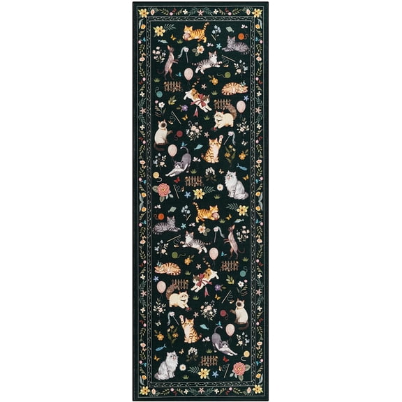 Black Cute Cat Runner Rug 2x6 Non-Slip Washable Vintage Floral Home