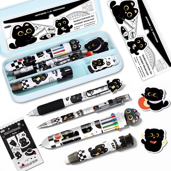 Black Cute Cat Stationery Set Cat Supplies Including Gel Pens,Mechanical Pencils,Eraser,Notebook,Stickers etc Kawaii Birthday Christmas Gifts Classroom Rewards