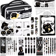 Black Cute Cat Stationery Set Including Sticky Notes,Mechanical Pencils,Eraser,Notebook,Stickers, Ruler etc Kawaii Birthday Christmas Gifts Classroom Rewards