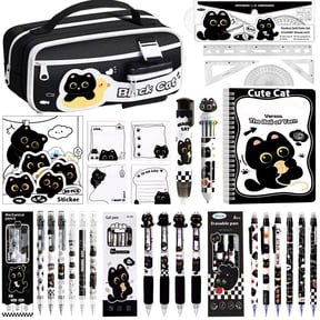 Black Cute Cat Stationery Set Including Sticky Notes,Mechanical Pencils,Eraser,Notebook,Stickers, Ruler etc Kawaii Birthday Christmas Gifts Classroom Rewards