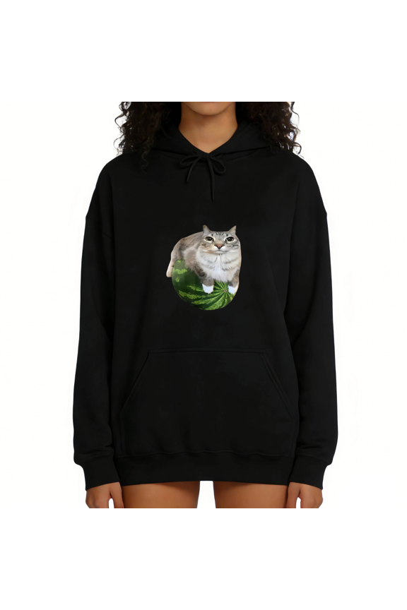Black Cute Cat Watermelon Print Hoodie Graphic Sweatshirt Shirts Funny Cat Lover Summer Picnic Casual Tops S-2XL