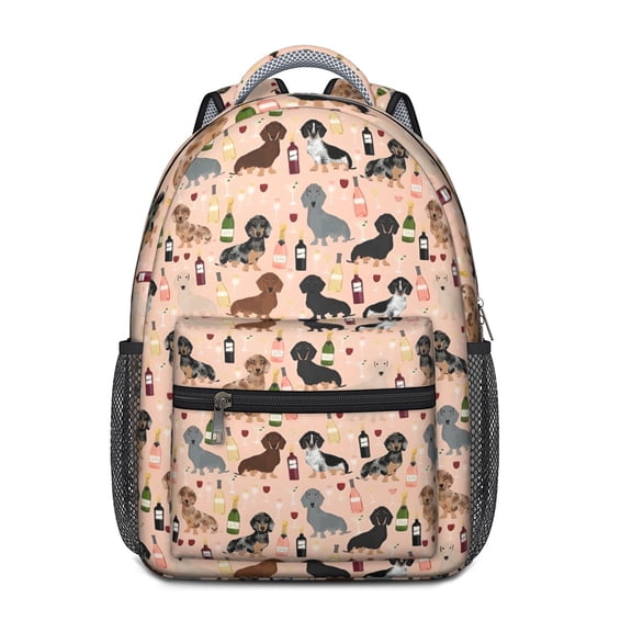 Black Cute Dachshund Dog and Wine Backpack for School,Cute School Bag,Schoolbag with Adjustable Shoulder Straps & Padded Back,15.3"x11"x6.7"