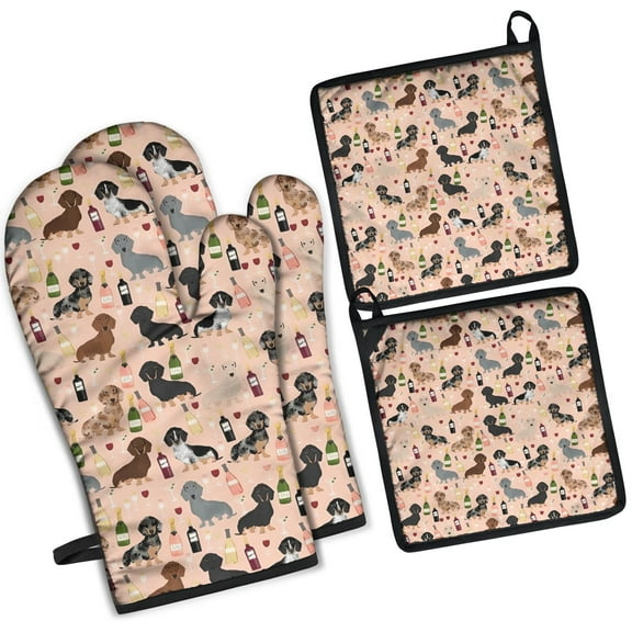 Black Cute Dachshund Dog and Wine Kitchen Oven Mitt and Pot Holder Sets 2 Pcs for Baking, Cooking and Grilling, Heat Resistant Up To 392 °F