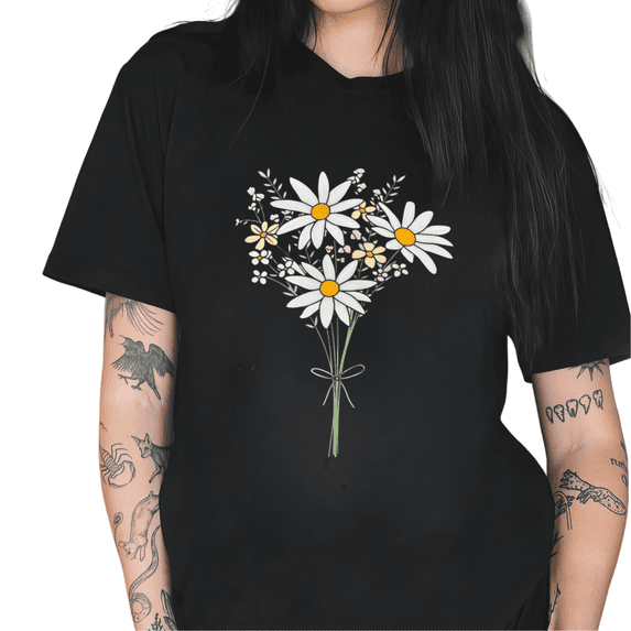 Black Cute Daisy Bouquet Floral Spring Graphic Tees Print Tshirt Shirts Casual Nature Flower Lover Aesthetic Tops S-5XL