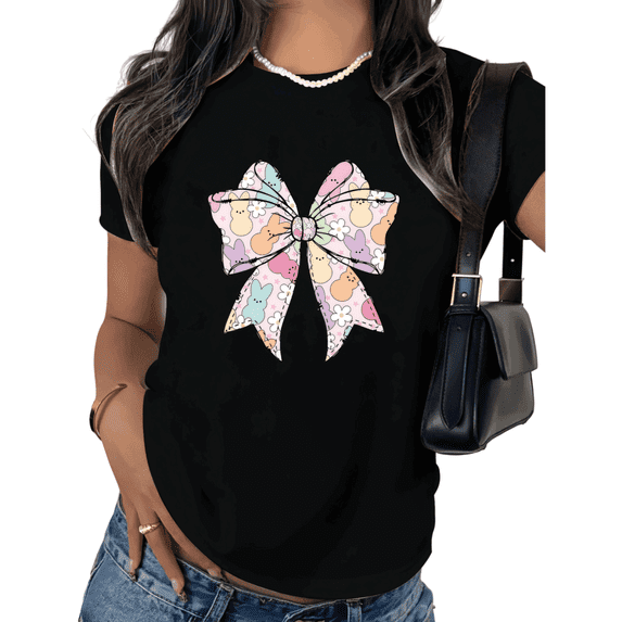 Black Cute Easter Bunny Bow Print Tshirt Graphic Tees Shirts Spring Bunny Lover Easter Holiday Party Outfit S-5XL Tops