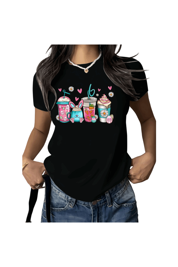 Black Cute Easter Bunny Drink Print Tshirt Graphic Tees Shirts Spring Bunny Coffee Lover Easter Party Casual Gift S-5XL Tops