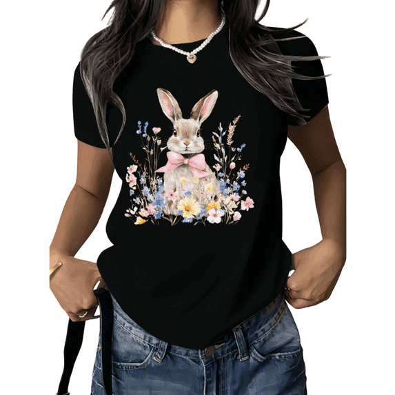 Black Cute Easter Bunny Floral Print Tshirt Graphic Tees Vintage Spring Bunny Graphic Shirts Holiday Gift S to 5XL Tops