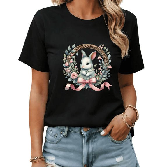 Black Cute Easter Bunny Wreath Floral Bow Print T-Shirt Graphic Tees Shirts Easter Lover Casual S-5XL Tops