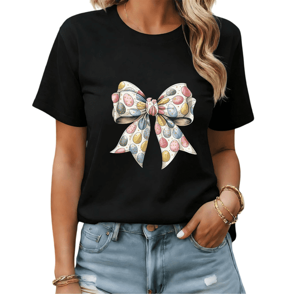 Black Cute Easter Egg Print Bow Print T-Shirt Graphic Tees Shirts Easter Lover Casual S-5XL Tops