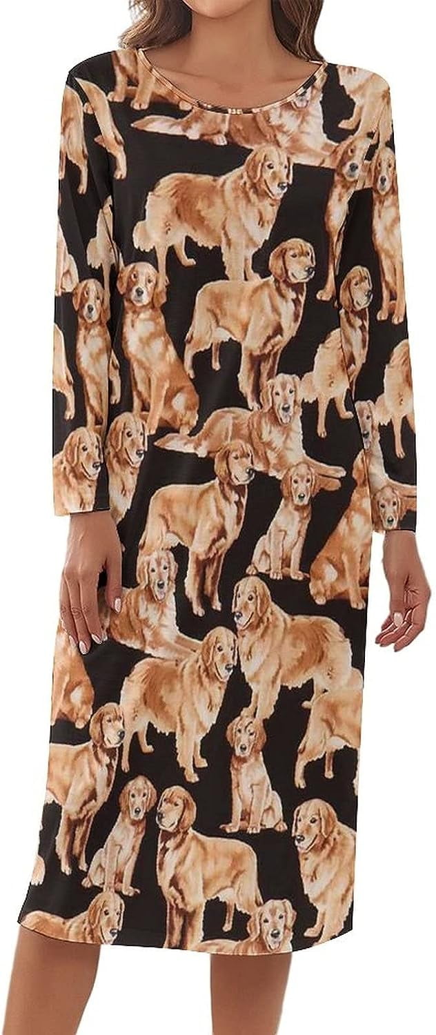 Black Cute Golden Retriever Dog Women's Nightgowns Comfy Long-Sleeve ...