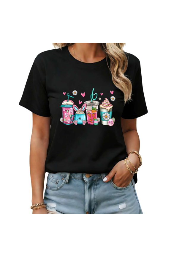 Black Cute Happy Easter Coffee Bunny Drink Print T-Shirt Graphic Tees Shirts Easter Lover Casual S-5XL Tops