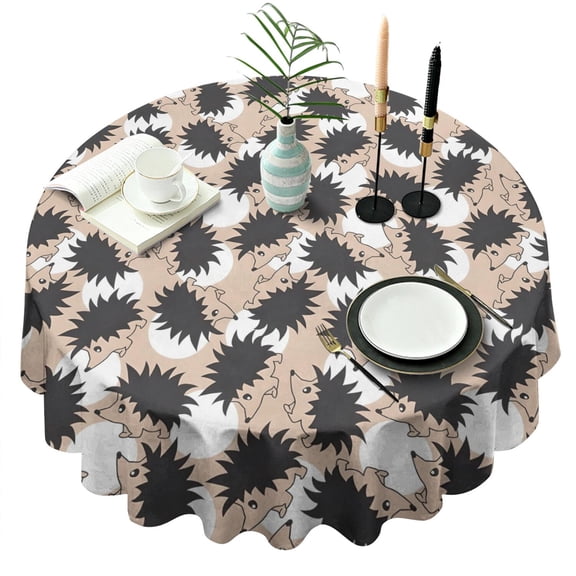 Black Cute Hedgehog Pattern Round Tablecloth 60"x60",Wrinkle Wipeable Table Cloth for Kitchen Dining Room Picnic Patio Party