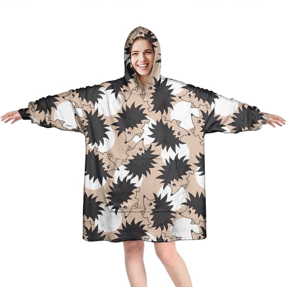 Black Cute Hedgehog Pattern Wearable Oversized Blanket,Wearable Blanket Hoodie for Adults,Cozy Hooded Blankets with Super Pockets,Super Warm Fuzzy Pullover for Women & Men