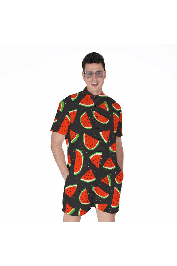 Black Cute Watermelon Pattern Short Sleeve Men'S Rompers Casual Summer Jumpsuits Outfit