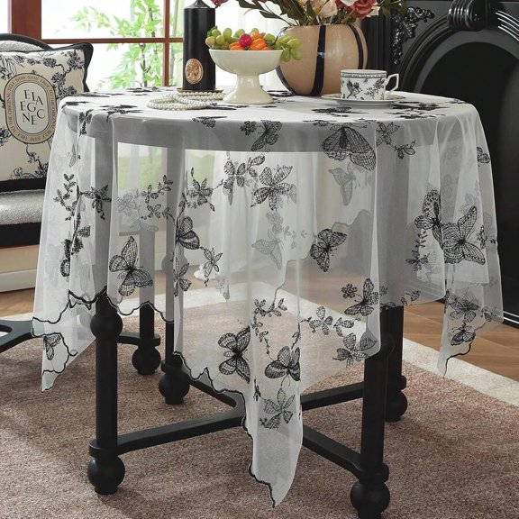 Black D Sheer Lace Tablecloth With Black Butterfly Print Shabby Chic Wedding Overlay 55x71 In